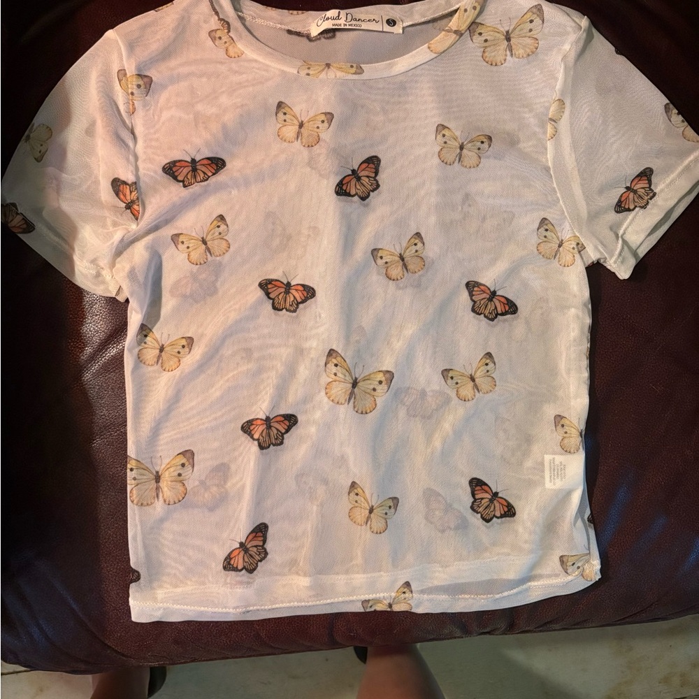 Butterfly Print see through cloud dancer shirt
